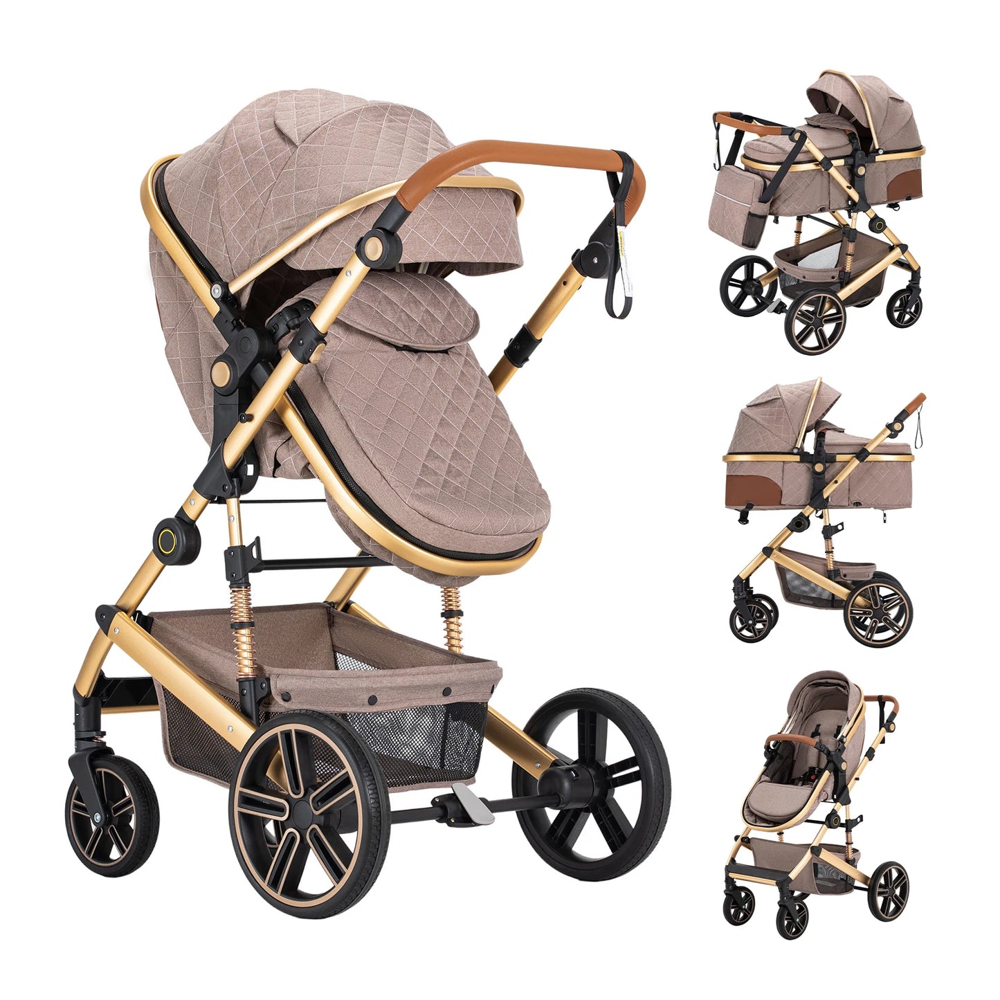 2 In 1 Baby Stroller Foldable Pram With Reversible Bassinet