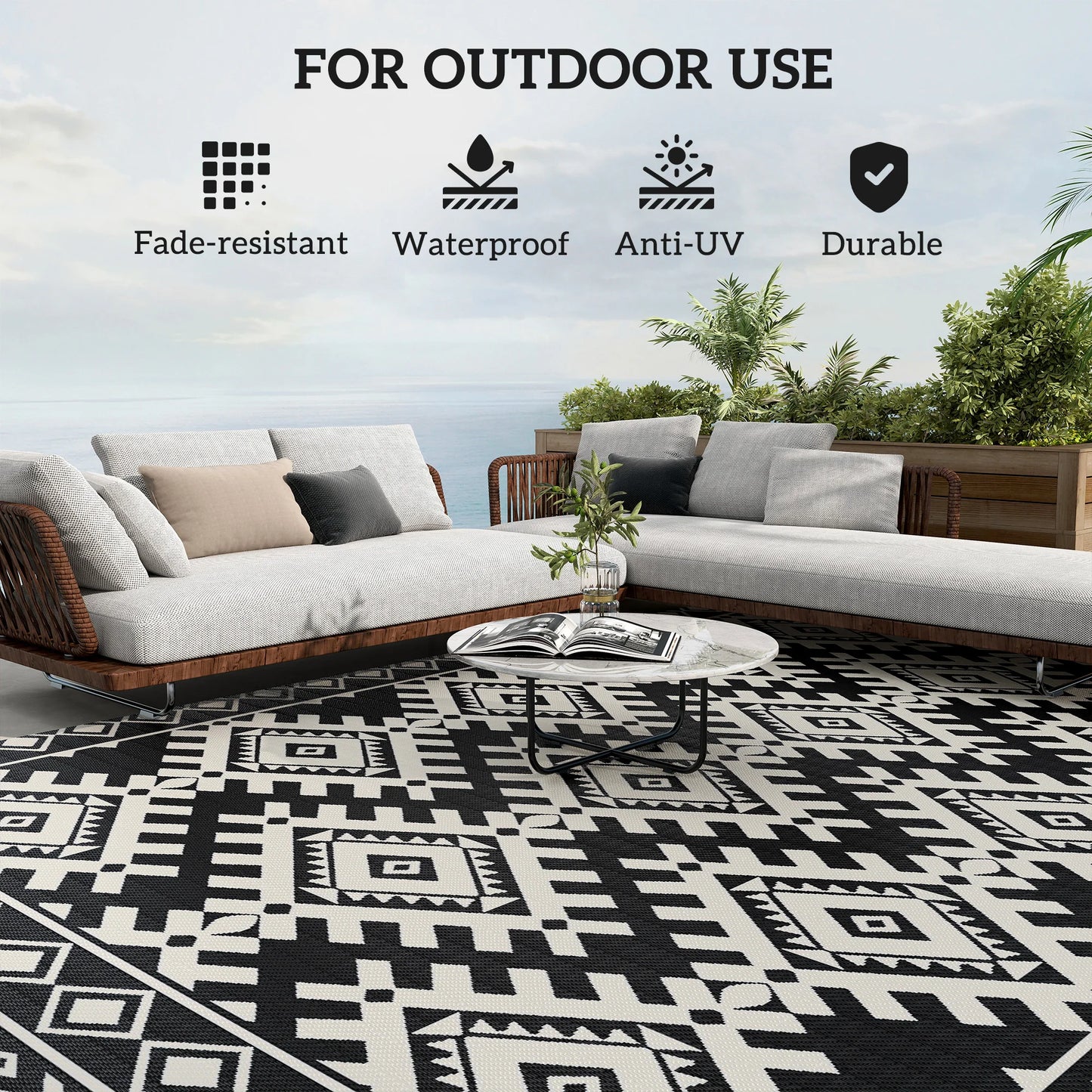Outdoor Geometric Rug With Rhombus Border Made Of Polypropylene