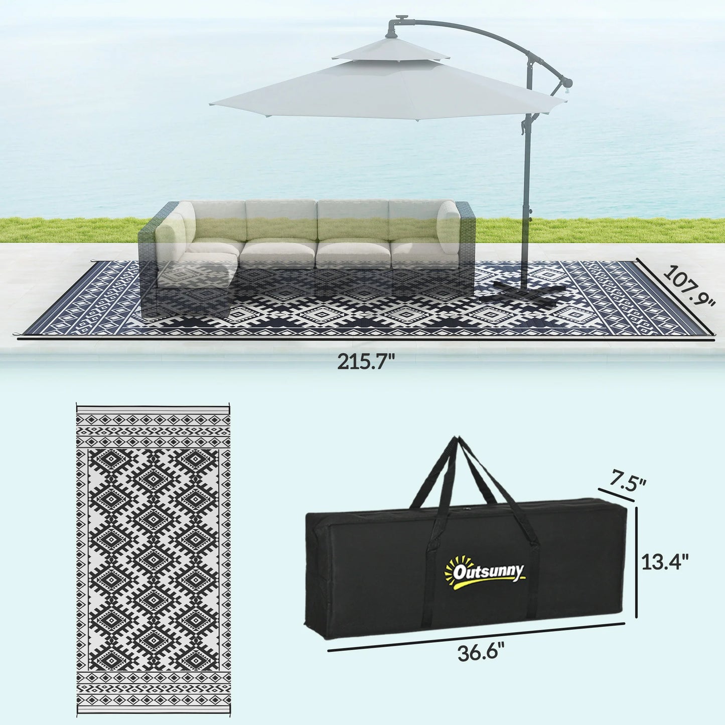 Outdoor Polypropylene Rug With Geometric Rhombus Border