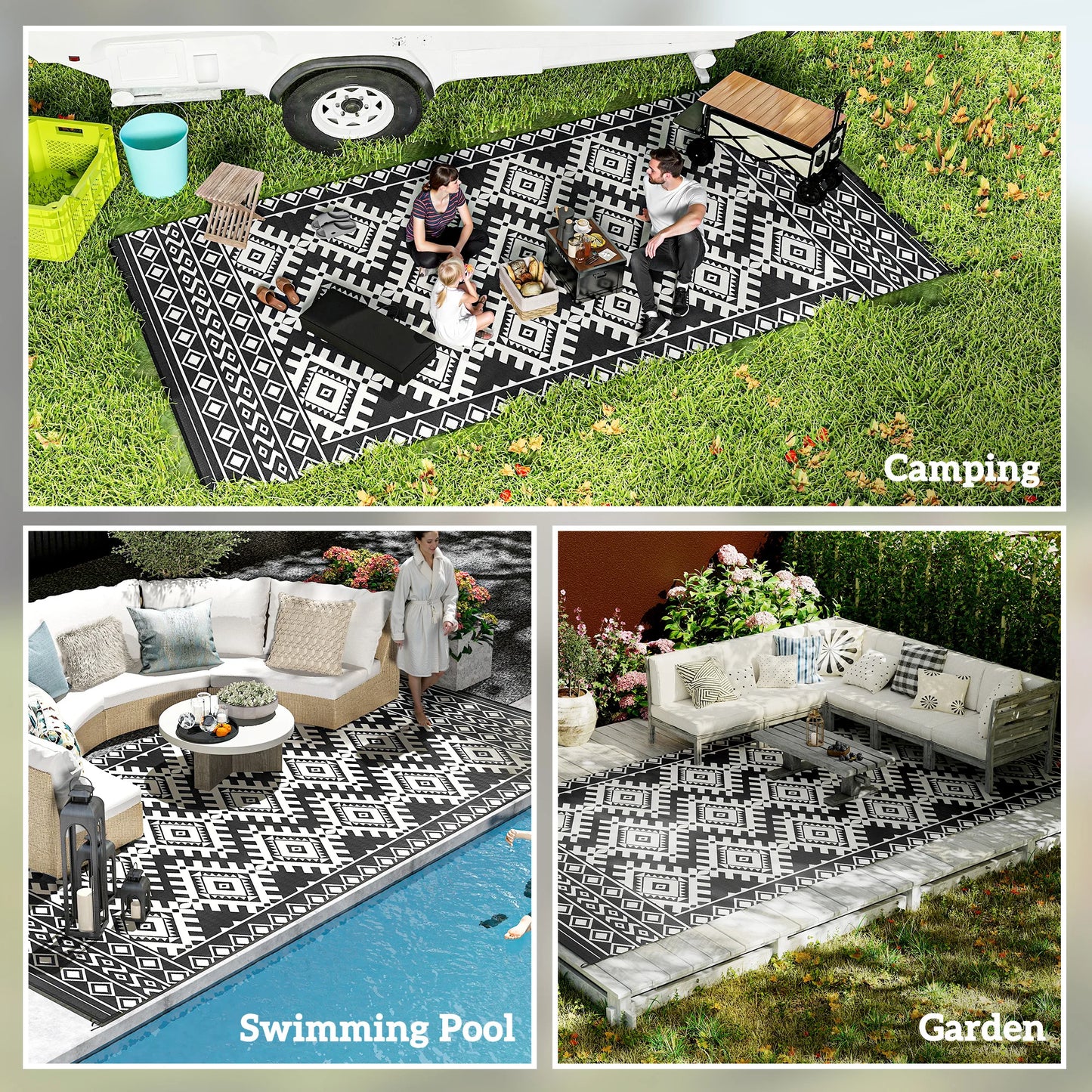 Outdoor Polypropylene Rug With Geometric Rhombus Border