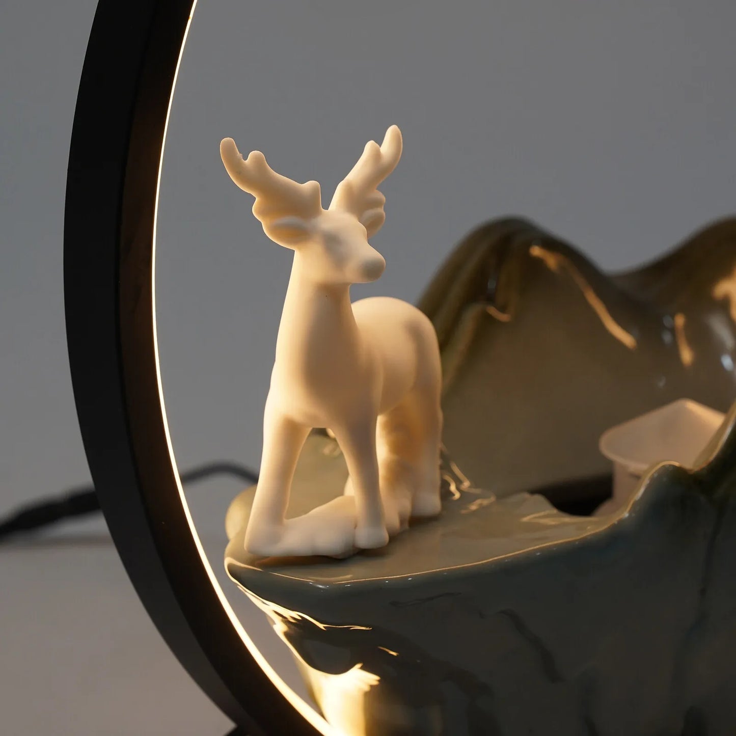 Ceramic Tabletop Fountain With LED Deer Figurine And Pine Branches