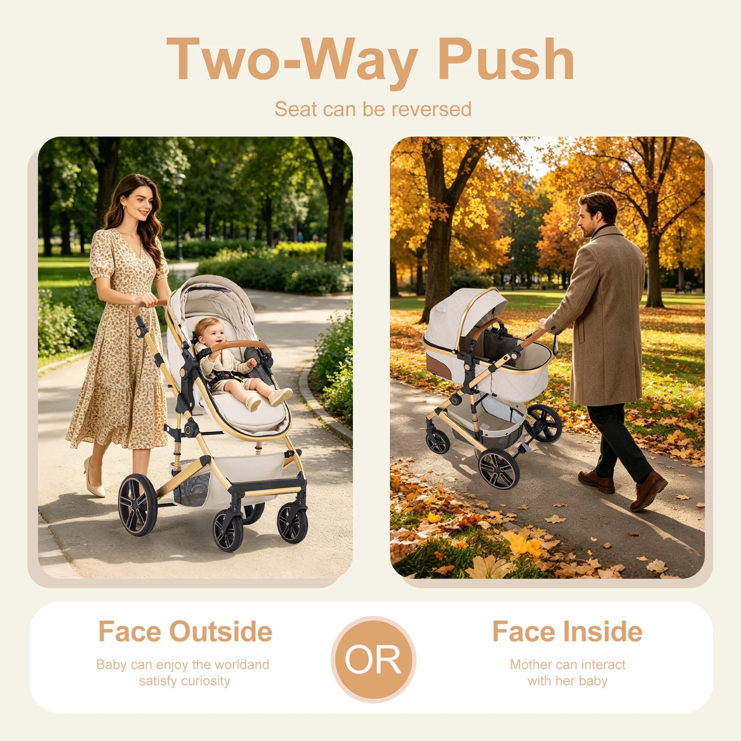 2 In 1 Baby Stroller Foldable Pram With Reversible Bassinet