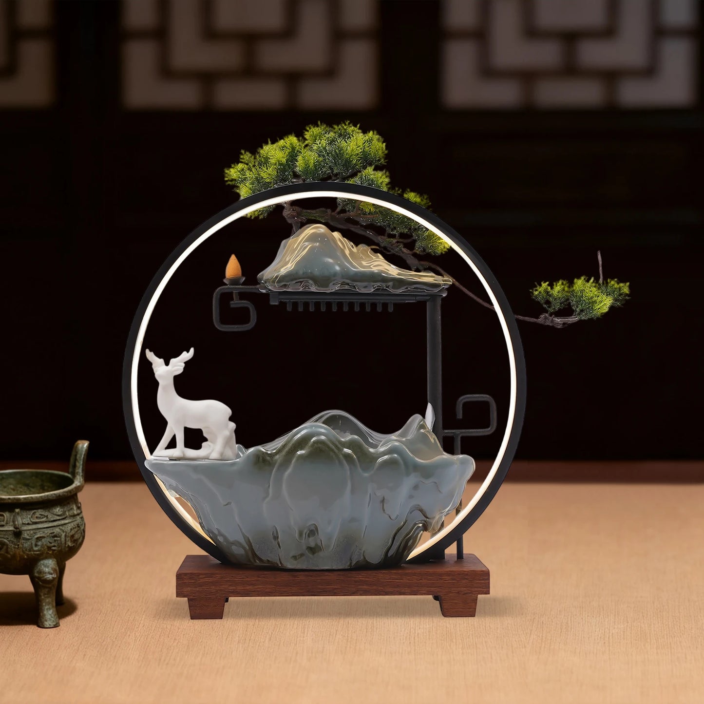 Ceramic Tabletop Fountain With LED Deer Figurine And Pine Branches