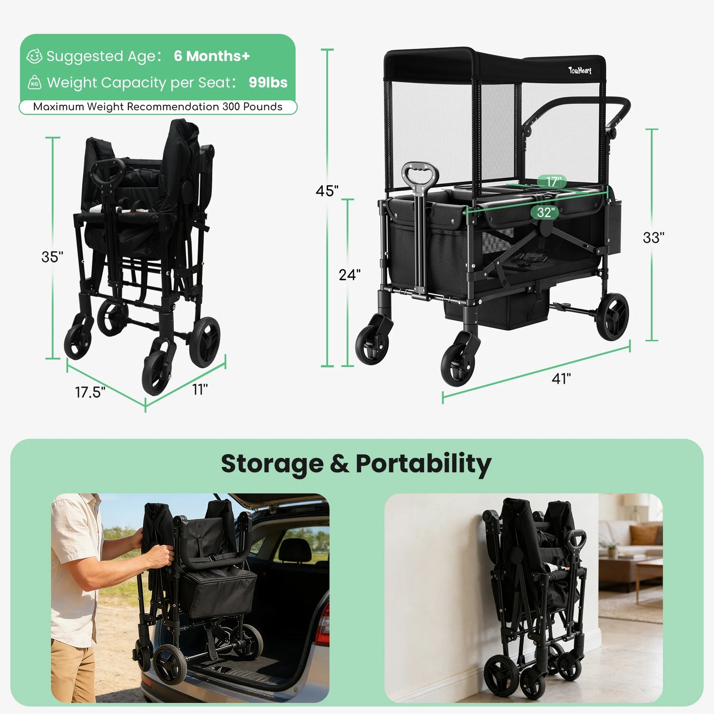 TouHeart Two Seat Wagon Stroller All Terrain Foldable For Kids