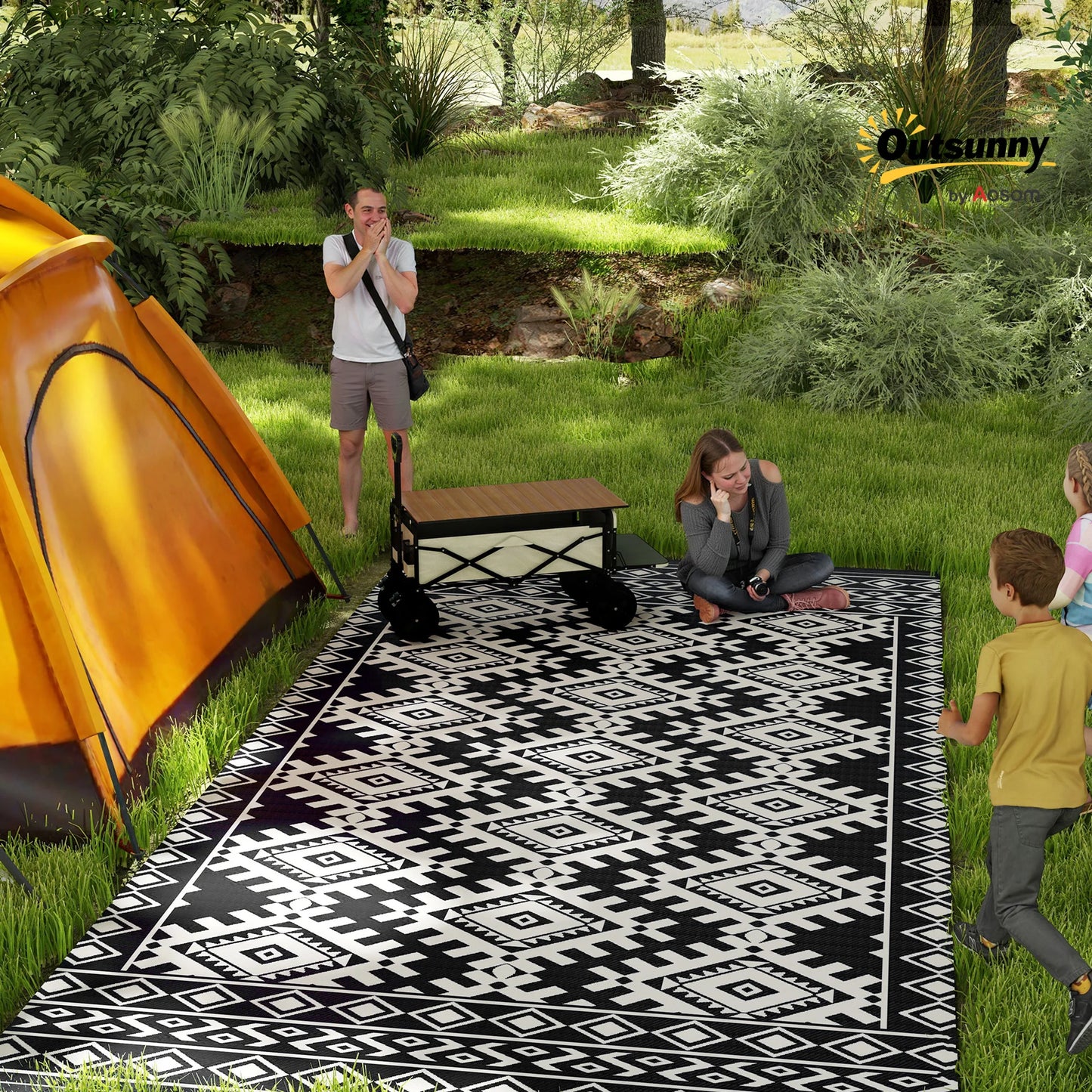 Outdoor Geometric Rug With Rhombus Border Made Of Polypropylene