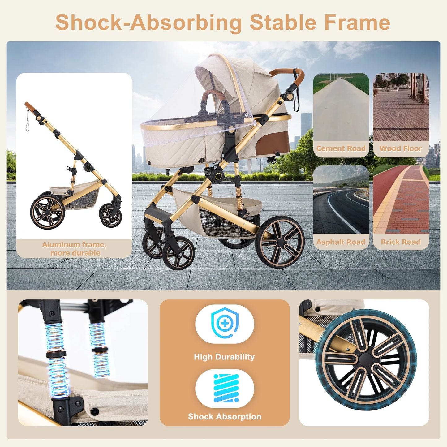 2 In 1 Baby Stroller Foldable Pram With Reversible Bassinet