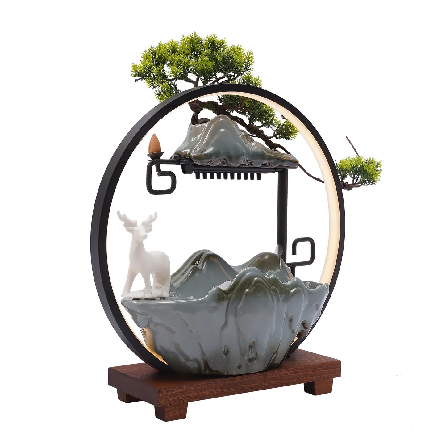 Ceramic Tabletop Fountain With LED Deer Figurine And Pine Branches