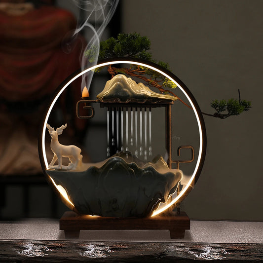 Ceramic Tabletop Fountain With LED Deer Figurine And Pine Branches