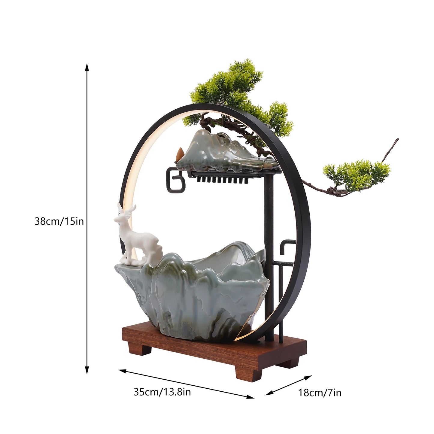 Ceramic Tabletop Fountain With LED Deer Figurine And Pine Branches