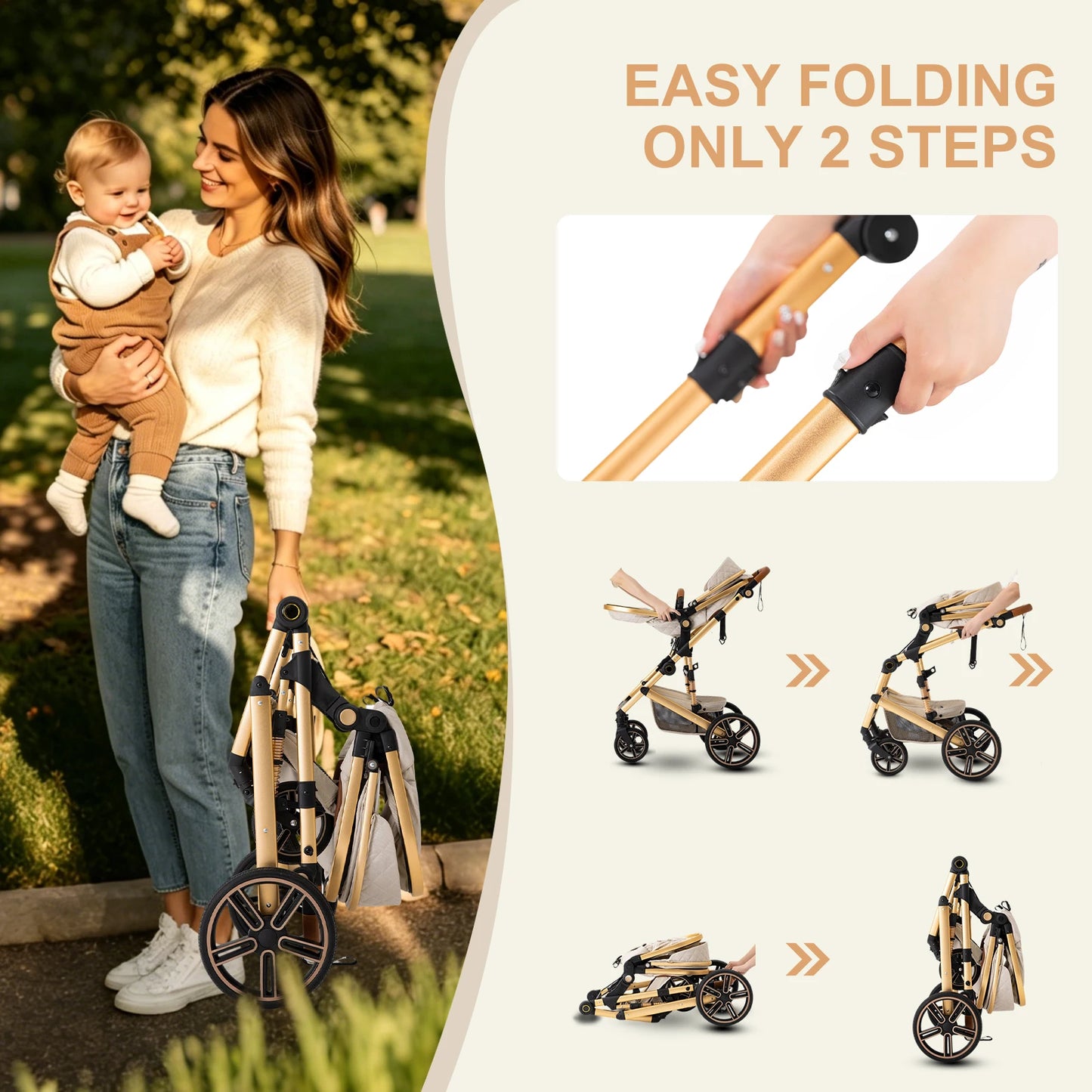 2 In 1 Baby Stroller Foldable Pram With Reversible Bassinet