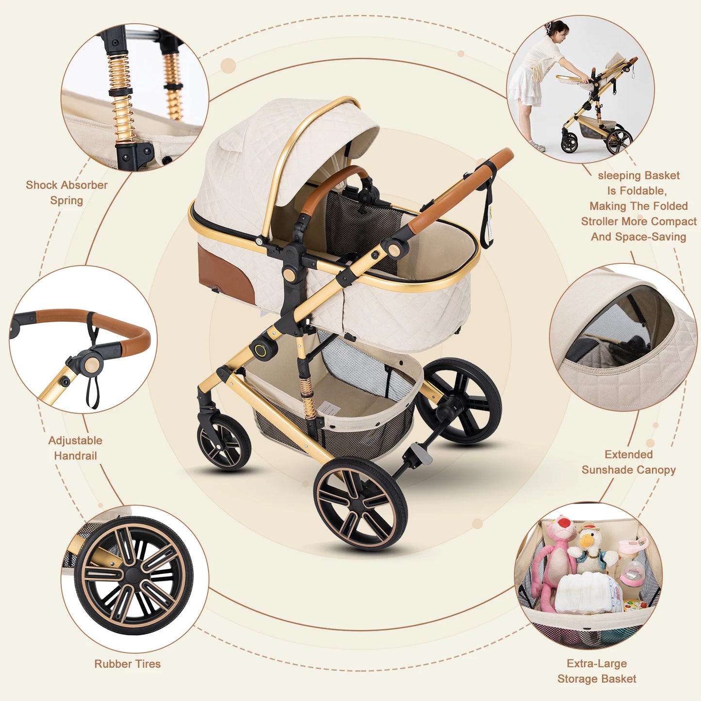 2 In 1 Baby Stroller Foldable Pram With Reversible Bassinet