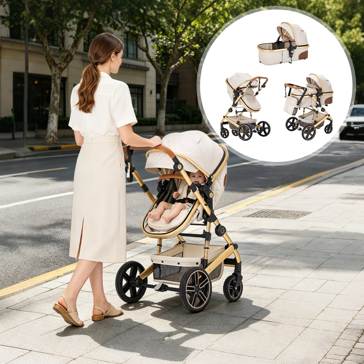 2 In 1 Baby Stroller Foldable Pram With Reversible Bassinet